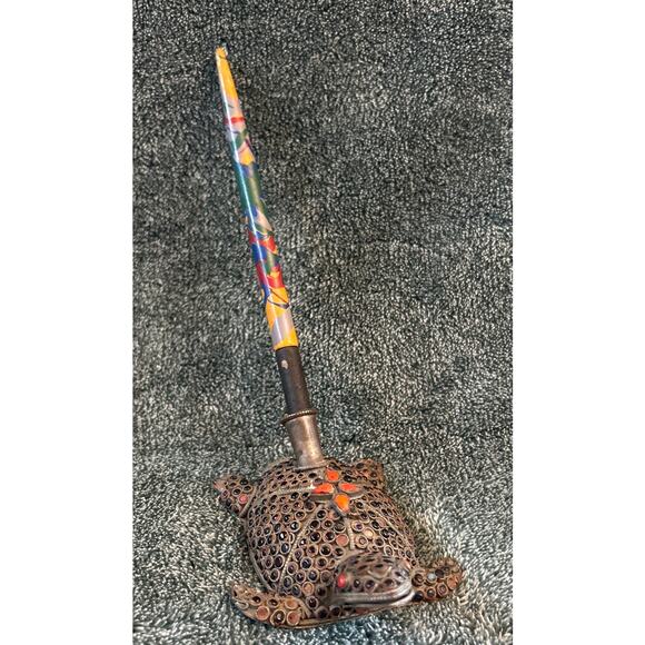 Tibetan Gilt Repoussé Turtle Pen Holder with Pen Hard to Find Antique